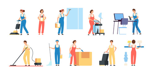 Sticker - Cleaner persons. Cleaning service workers male female cleaners in uniform vacuuming housemaids household equipment vector characters. Illustration of clean staff with mop and tools, character cleaner