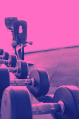 Duotone neon of sport equipment in the gym. Rack of assorted weight dumbbells set. Copy space with selective focus. Fitness and sport concept