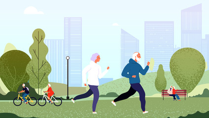 Wall Mural - Elderly people park. Seniors happy grandfather grandmother couple elderly people walking running cycling summer outdoor vector concept. Senior woman and man couple run in park illustration