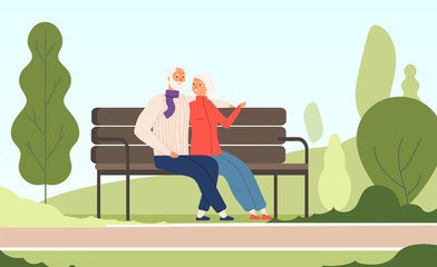 Elderly couple park. Seniors happy grandfather grandmother sitting on bench old family in summer nature city park vector concept. Illustration of couple sit on bench, grandfather and grandmother relax