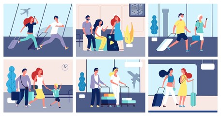 Wall Mural - People airport. Tourists with suitcases international airport terminal passengers traveler summer travel transportation vector concept. Tourist passenger in airport terminal illustration