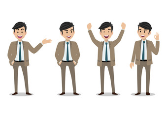 Businessman cartoon character, set of four poses. Handsome business man in office style smart suit . Vector illustration