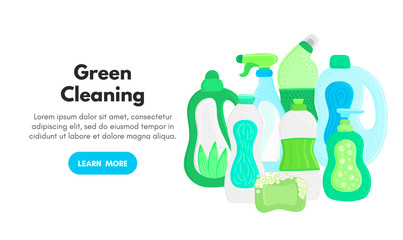 Vector background with eco friendly household cleaning supplies. Natural detergents. Landing page template. Products for house washing. Green home. Online store. Banner, mailing, advertising, label