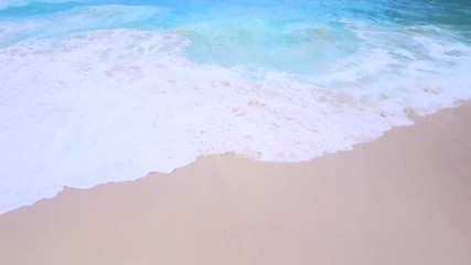 Wall Mural - Aerial ocean blue waves on white sand beach. High top view. Relax bay and clean