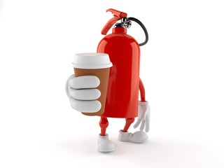 Canvas Print - Fire extinguisher character holding coffee cup