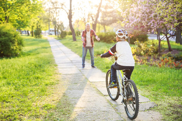 Poster - Father teaching his son to ride bicycle outdoors