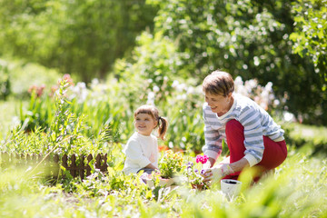  Grandmother with her granddaughter working in the garden.