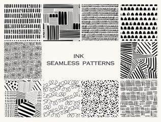various lines and shapes. set of ten black and white abstract seamless patterns. ink drawing style. 