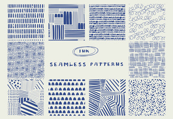 various lines and shapes. set of ten blue abstract seamless patterns. ink drawing style. contemporar