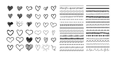 Wall Mural - vector collection of hand drawn hearts and cute divider lines, black drawings isolated on white back