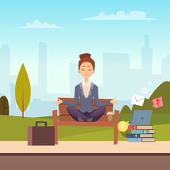 Poster - Businesswoman meditation in the city park vector illustration. Woman do yoga, business meditation in park