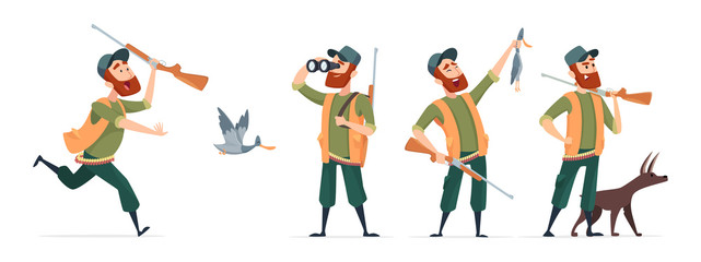 cartoon hunters. vector hunter with dog, guns, binoculars, duck isolated on white background. hunter