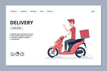 Poster - Delivery vector banner. Courier man on scooter and parcels. Delivery courier with parcel on scooter illustration