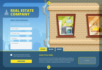 Poster - Real estate landing. Find your apartment or commercial building layout template with urban city landscape and web forms vector design. Illustration business website form, real estate company home page