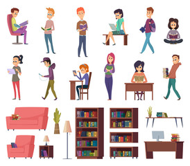 Wall Mural - Students with books. People in library reading in bibliotheque school knowledge characters vector illustrations. Student character in library, education with literature