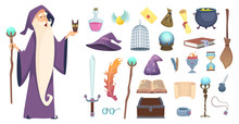 Magician Tools. Wizard Magic Mystery Broom Potion Witch Hat And Spell Book Vector Cartoon Pictures. Illustration Of Magical Tools, Sword And Crystal