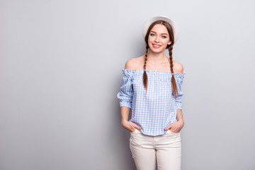 Sticker - Portrait cute nice pretty lady person content satisfied rejoice enjoy free time weekend holiday place hands palms pocket beige trousers modern ckeckered shirt off-shoulders isolated  argent background