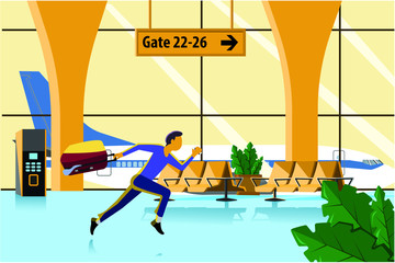 a man is late for a plane and runs with a suitcase at the airport on the background of the plane