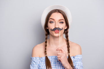 Sticker - Portrait of charming cute nice pretty teen teenager hold hand lips pouted plump carefree careless she her dressed outfit isolated silver grey background off-shoulders