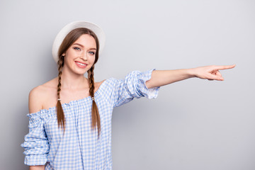 Sticker - Portrait of positive cheerful content trendy youth person millennial suggest select route advice choose decide her wear checkered plaid modern clothing top isolated grey silver background