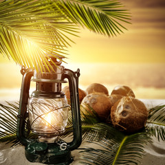 Wall Mural - Fresh coconuts fruits on beach and green palms leaves. Summer sunset time. 