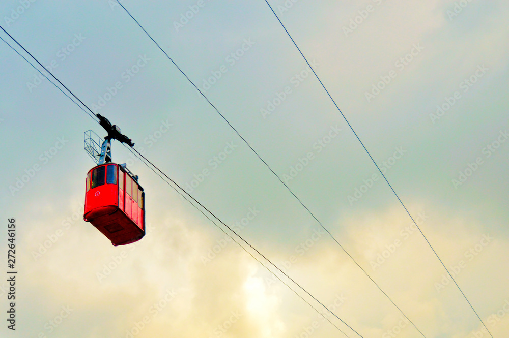 Funicular Ropeway ropeway and funicular road in mountain, red cabin against a background ...