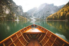 Traditional Rowing Boat At Lago Di Braies In The Dolomites