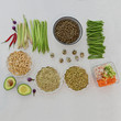 Natural raw ingredients for vegan pet food on light background. Flat lay.