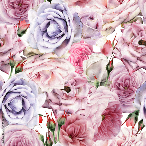 Seamless floral pattern with roses, watercolor