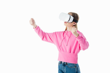 Wall Mural - teenage girl in pink hoodie with vr headset gesturing isolated on white