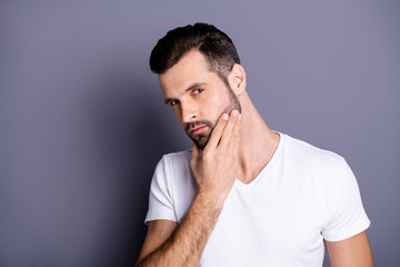 Sticker - Close up photo amazing he him his macho perfect appearance touch arm hand neat bristle face calm not smiling ponder pensive look mirror bath shower wear casual white t-shirt isolated grey background