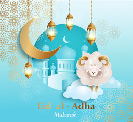 Wall Mural - Eid al-Adha Banner. Card for traditional muslim holiday Kurban Bayram with sheep, moon, golden ornament, lamp and mosque for happy sacrifice celebration. Islamic greeting poster. Design for template.