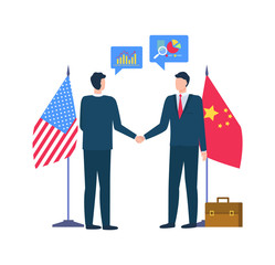 Wall Mural - People at conference agreeing on issue vector, partners wearing formal suits, flags of China and USA, male with briefcase isolated charts schemes