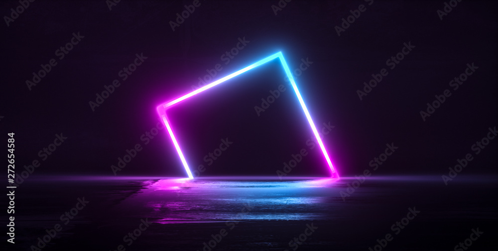 Futuristic Sci-Fi Abstract Blue And Purple Neon Light Shapes On Black Background And Reflective Concrete With Empty Space For Text 3D - obrazy, fototapety, plakaty 