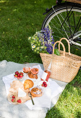 Wall Mural - Beautiful summer picnic with strawberries, cheese and rose wine on the lawn in the city park