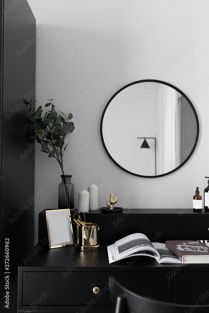 Black and white luxury feel dressing table corner in modern scandinavian style with gold circular lamp decorated / interior design concept / scandinavian interior - obrazy, fototapety, plakaty 