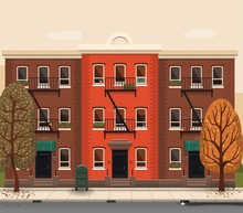 Illustration Of A City Landscape With Townhouses. Brooklyn Street View. Flat Art Style. Housing, Real Estate Market, Architecture Design, Property Investment Concept Banner.