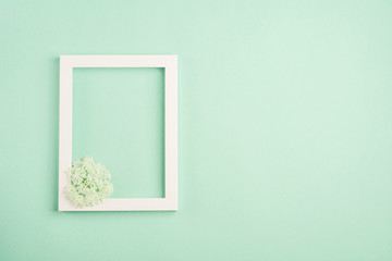 Wall Mural - Beautiful white flowers and blank frame on pastel mint background. Soft light color. Top view, copy space.