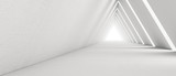 Fototapeta Perspektywa 3d - Empty Long Light Corridor. Modern white background. Futuristic Sci-Fi Triangle Tunnel. 3D Rendering