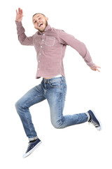 Poster - Jumping young man on white background