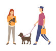 © robu_s - Man going with dog, woman holding cat, people and domestic animal character outdoor, pet with lead, male and female walking in casual clothes vector