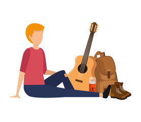 Sticker - young man with guitar and camping equipment