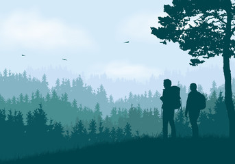 Wall Mural - realistic illustration of mountain landscape with coniferous forest and hills under clear blue and g