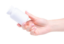 White Jar Of Pills Medicine Pharmacy In Hand On White Background Isolation