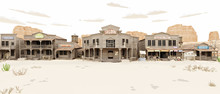 Wide Side View Of A Rustic Antique Low Polygon Western Town With Various Businesses. 3d Rendering