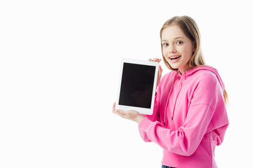 Wall Mural - happy teenage girl holding digital tablet with blank screen isolated on white