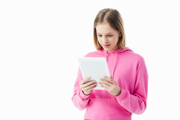 Wall Mural - smiling teenage girl using digital tablet isolated on white