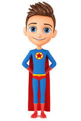 Wall Mural - Cartoon character shy boy dressed like a hero. 3d render illustration. Illustration for advertising.