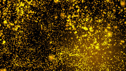 Wall Mural - Gold bokeh graphics, 3D science fiction backgrounds of glowing particles with deep depth and bokeh. Line and square particles, yellow gold surface on a black background