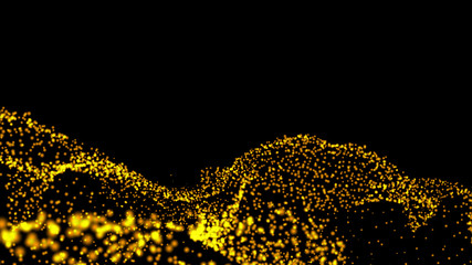 Wall Mural - Gold bokeh graphics, 3D science fiction backgrounds of glowing particles with deep depth and bokeh. Line and square particles, yellow gold surface on a black background